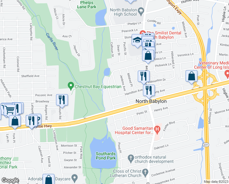 map of restaurants, bars, coffee shops, grocery stores, and more near 6 Ruth Avenue in North Babylon