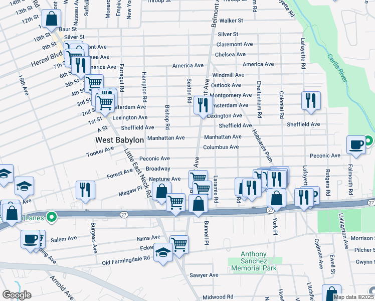 map of restaurants, bars, coffee shops, grocery stores, and more near 130 Columbus Avenue in West Babylon