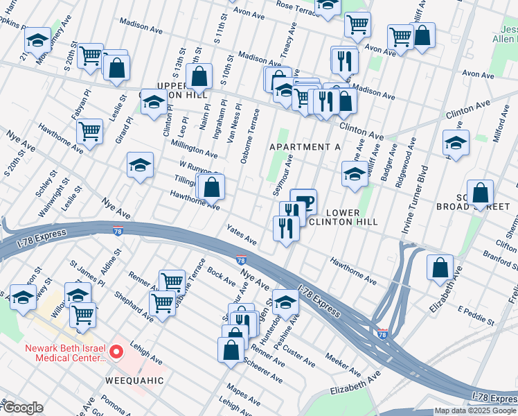 map of restaurants, bars, coffee shops, grocery stores, and more near 130 Hedden Terrace in Newark
