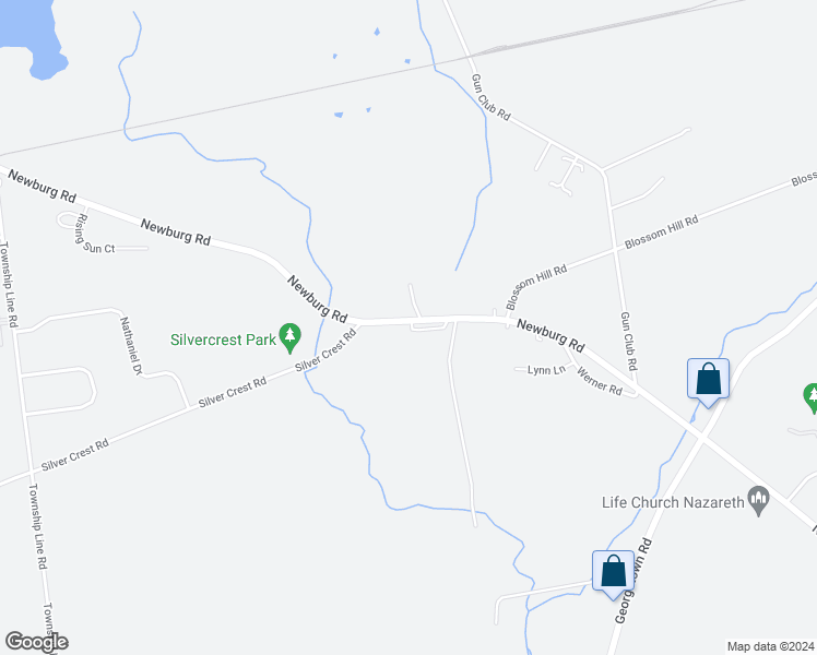 map of restaurants, bars, coffee shops, grocery stores, and more near 3133 Newburg Road in Nazareth