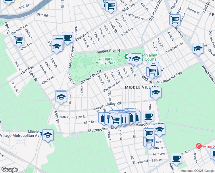 map of restaurants, bars, coffee shops, grocery stores, and more near 75-33 Penelope Avenue in Queens