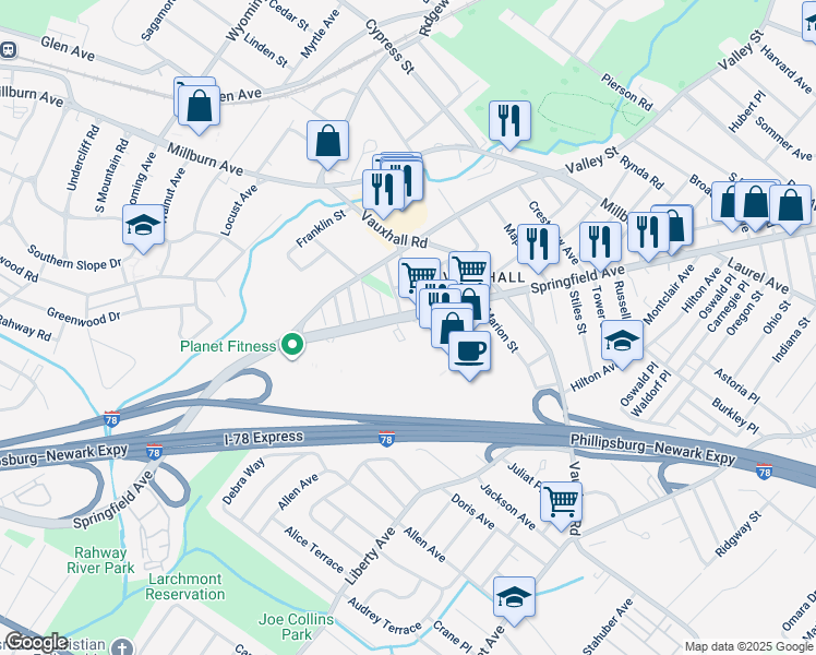 map of restaurants, bars, coffee shops, grocery stores, and more near 2225 Springfield Avenue in Union