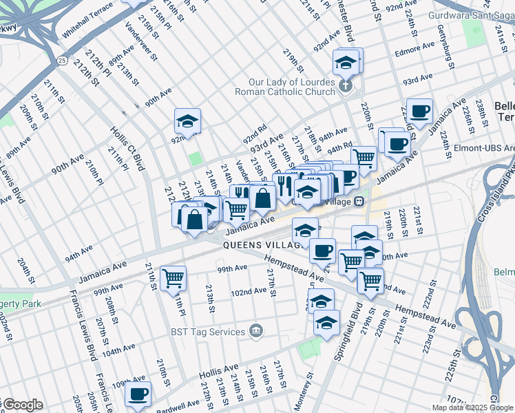 map of restaurants, bars, coffee shops, grocery stores, and more near 94-33 214th Place in Queens