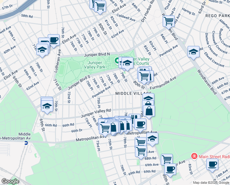 map of restaurants, bars, coffee shops, grocery stores, and more near 64-30 77th Place in Queens