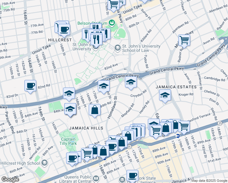 map of restaurants, bars, coffee shops, grocery stores, and more near 83-14 Homelawn Street in Queens
