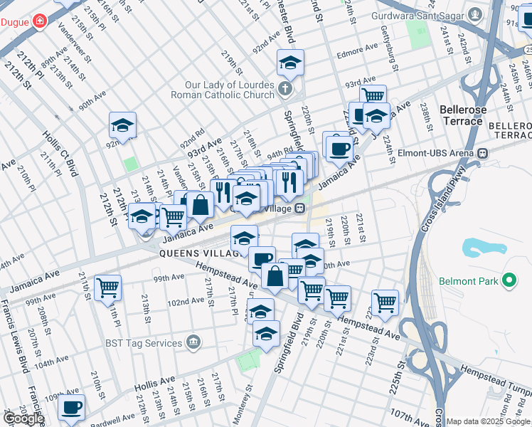 map of restaurants, bars, coffee shops, grocery stores, and more near 216-6 Jamaica Avenue in Queens