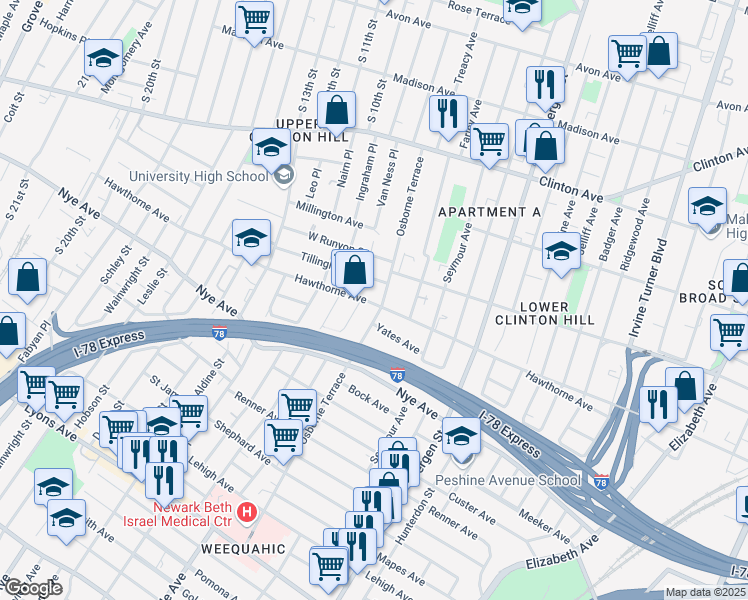map of restaurants, bars, coffee shops, grocery stores, and more near 321 Hawthorne Avenue in Newark