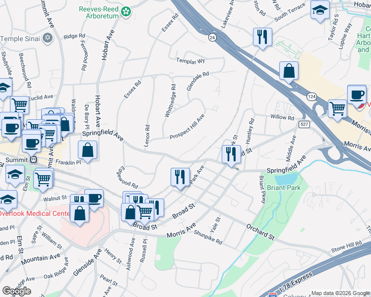map of restaurants, bars, coffee shops, grocery stores, and more near 14 Argyle Court in Summit