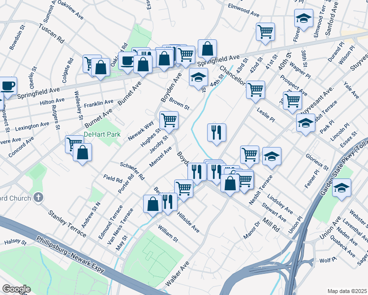 map of restaurants, bars, coffee shops, grocery stores, and more near 13 Nelson Place in Maplewood
