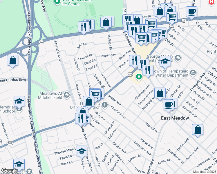 map of restaurants, bars, coffee shops, grocery stores, and more near 196 Norman Drive in East Meadow