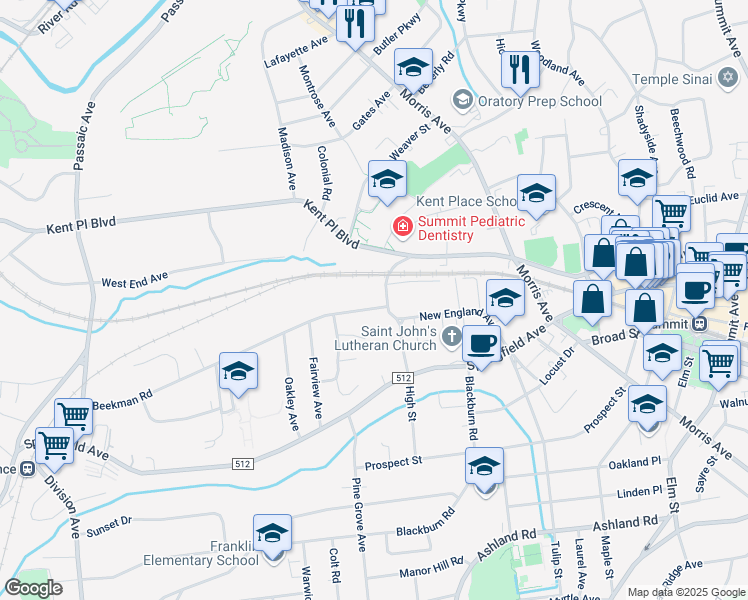 map of restaurants, bars, coffee shops, grocery stores, and more near 5 Beekman Road in Summit