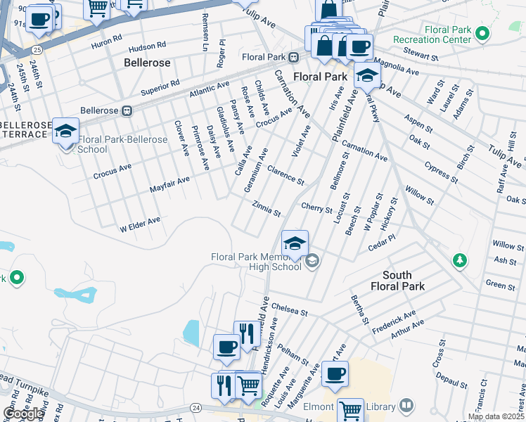 map of restaurants, bars, coffee shops, grocery stores, and more near 40 Zinnia Street in Floral Park