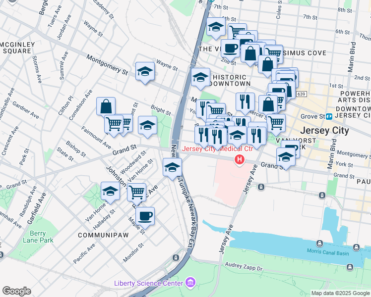 map of restaurants, bars, coffee shops, grocery stores, and more near 464 Grand Street in Jersey City