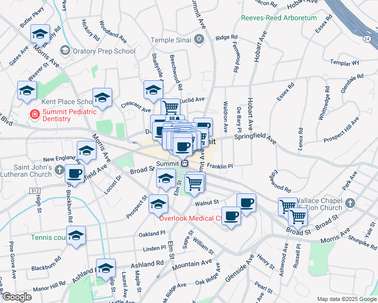 map of restaurants, bars, coffee shops, grocery stores, and more near 374-382 Springfield Avenue in Summit