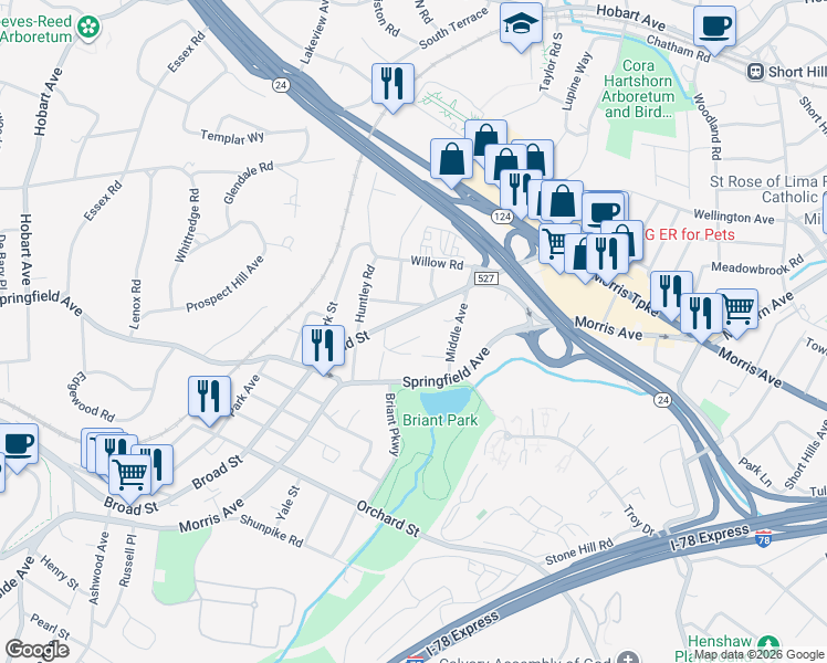 map of restaurants, bars, coffee shops, grocery stores, and more near 17 Grove Street in Summit