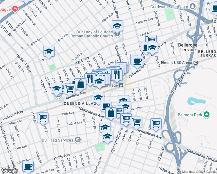 map of restaurants, bars, coffee shops, grocery stores, and more near 216-6 Jamaica Avenue in Queens