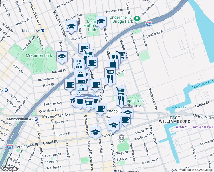 map of restaurants, bars, coffee shops, grocery stores, and more near in Brooklyn