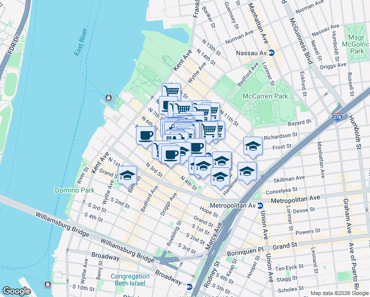 map of restaurants, bars, coffee shops, grocery stores, and more near 198 Bedford Avenue in Brooklyn
