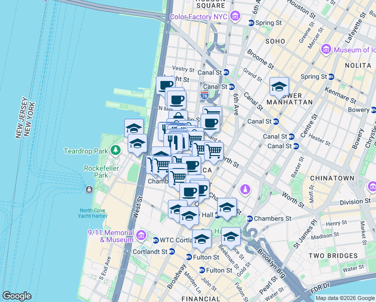 map of restaurants, bars, coffee shops, grocery stores, and more near 179 Duane Street in New York