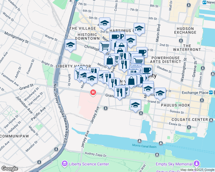 map of restaurants, bars, coffee shops, grocery stores, and more near 444 Jersey Avenue in Jersey City