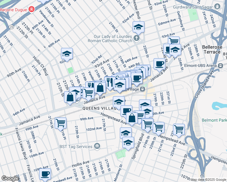 map of restaurants, bars, coffee shops, grocery stores, and more near 215-21 Jamaica Avenue in Queens