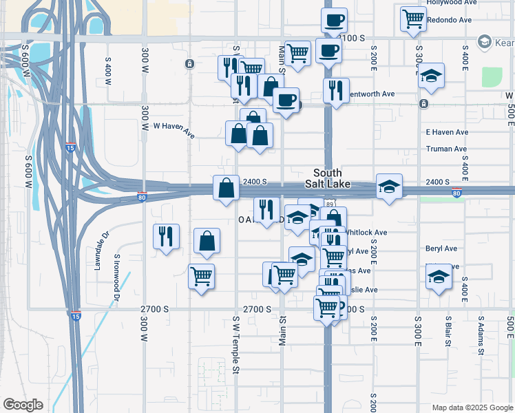 map of restaurants, bars, coffee shops, grocery stores, and more near 43 West Robert Avenue in South Salt Lake