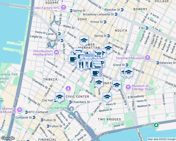 map of restaurants, bars, coffee shops, grocery stores, and more near 153d Centre Street in New York