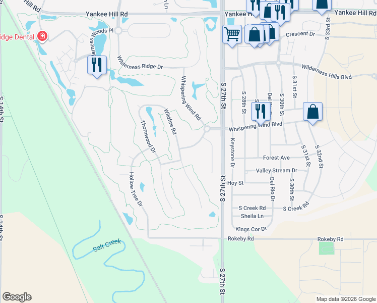 map of restaurants, bars, coffee shops, grocery stores, and more near 9350 Whispering Wind Road in Lincoln