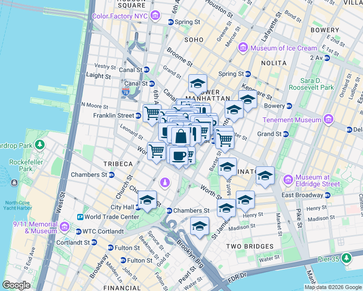 map of restaurants, bars, coffee shops, grocery stores, and more near 368 Broadway in New York