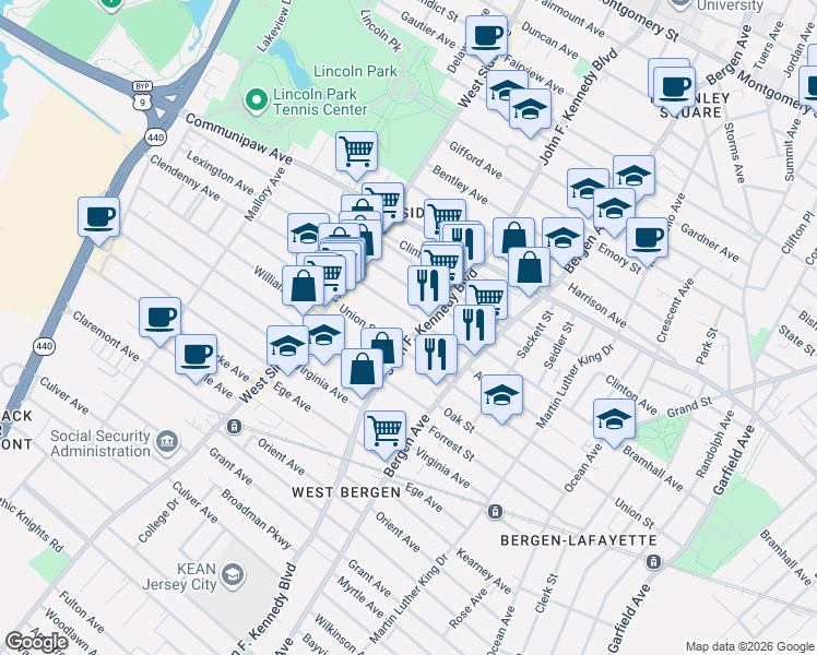 map of restaurants, bars, coffee shops, grocery stores, and more near 2309 John F. Kennedy Boulevard in Jersey City