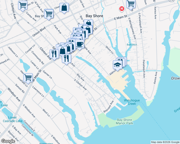map of restaurants, bars, coffee shops, grocery stores, and more near 53 Ocean Avenue in Bay Shore