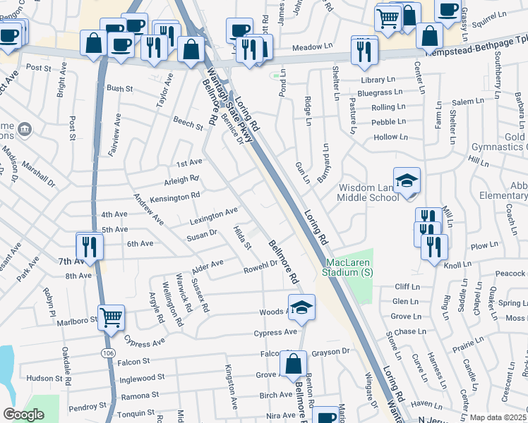 map of restaurants, bars, coffee shops, grocery stores, and more near 282 Cameo Court in East Meadow