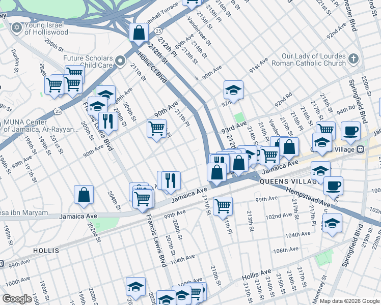 map of restaurants, bars, coffee shops, grocery stores, and more near 93-20 211th Street in Queens