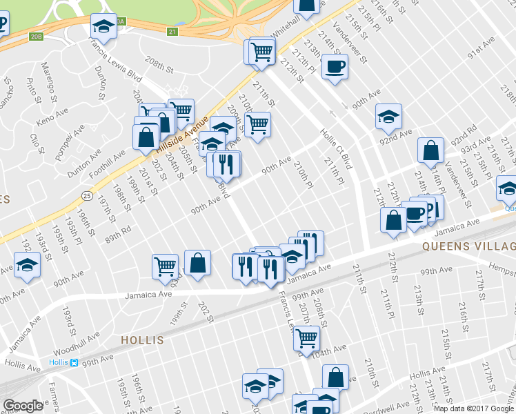 map of restaurants, bars, coffee shops, grocery stores, and more near 90-48 208th Street in Queens