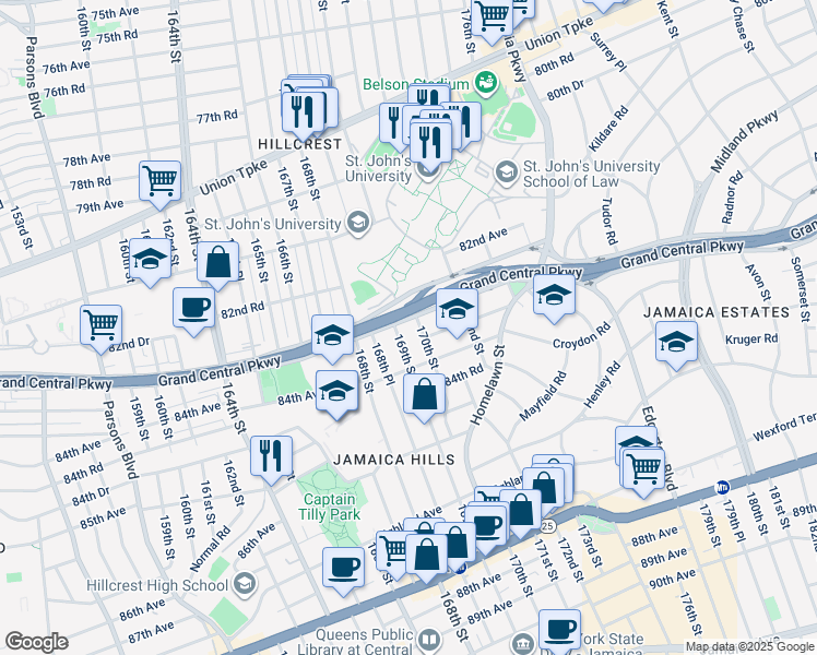 map of restaurants, bars, coffee shops, grocery stores, and more near 82-64 170th Street in Queens