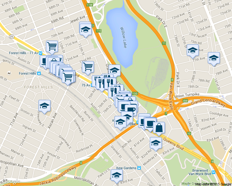 map of restaurants, bars, coffee shops, grocery stores, and more near 113-29 Queens Boulevard in Queens