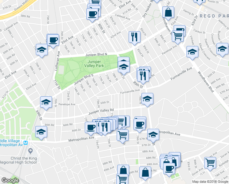 map of restaurants, bars, coffee shops, grocery stores, and more near 64-30 77th Place in Queens
