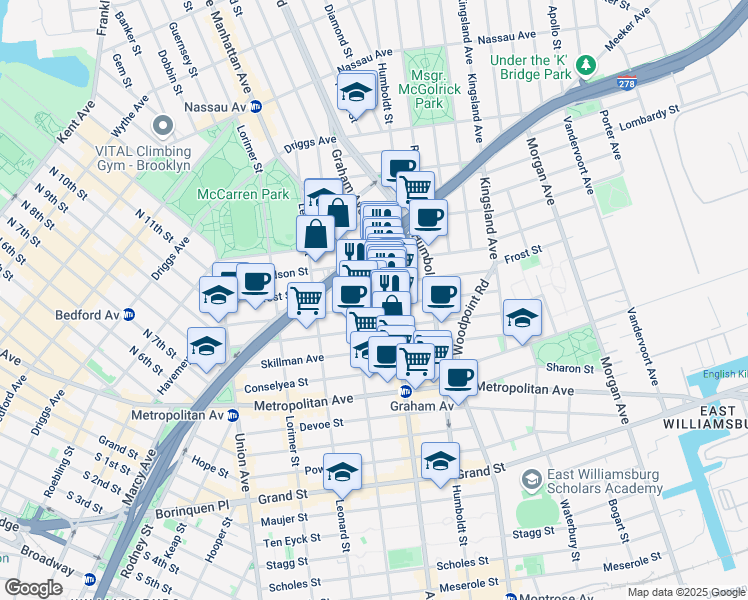 map of restaurants, bars, coffee shops, grocery stores, and more near 159 Withers Street in Brooklyn