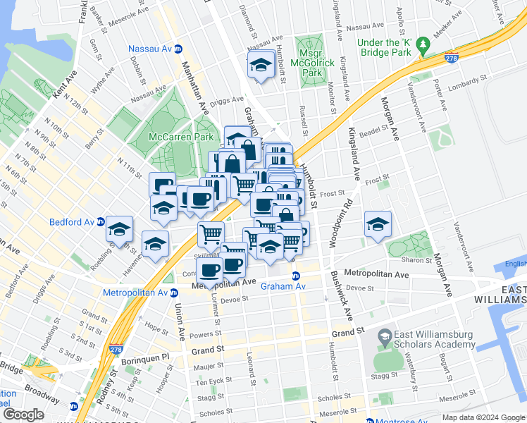 map of restaurants, bars, coffee shops, grocery stores, and more near 104 Frost Street in Brooklyn