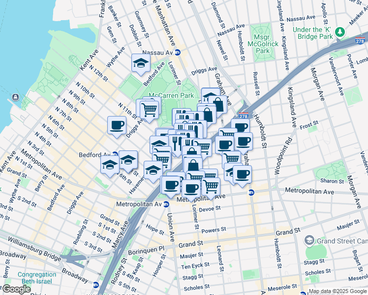 map of restaurants, bars, coffee shops, grocery stores, and more near 689 Lorimer Street in Brooklyn