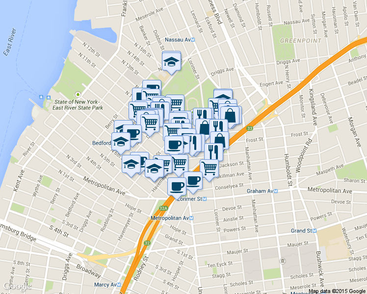 map of restaurants, bars, coffee shops, grocery stores, and more near 13 Frost Street in Brooklyn