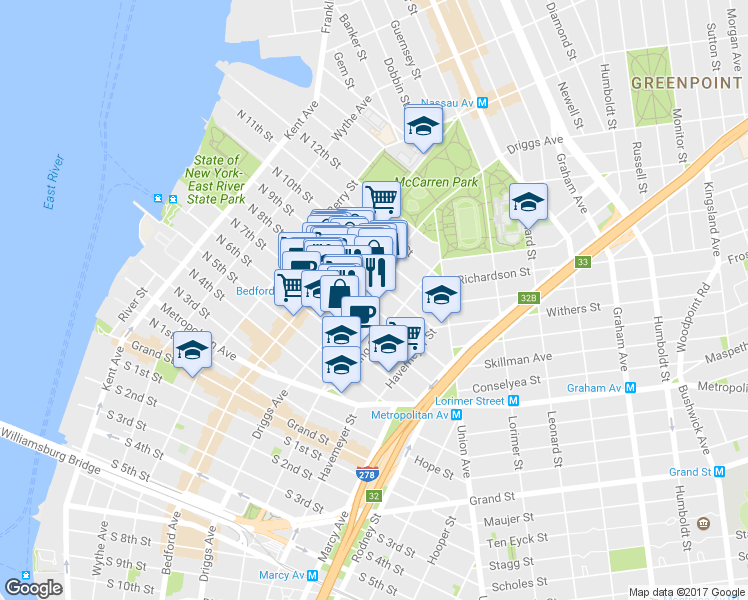 map of restaurants, bars, coffee shops, grocery stores, and more near 534 Driggs Avenue in Brooklyn