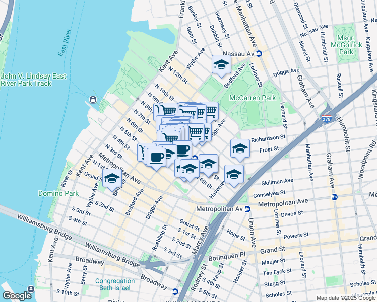 map of restaurants, bars, coffee shops, grocery stores, and more near 184 Bedford Avenue in Brooklyn
