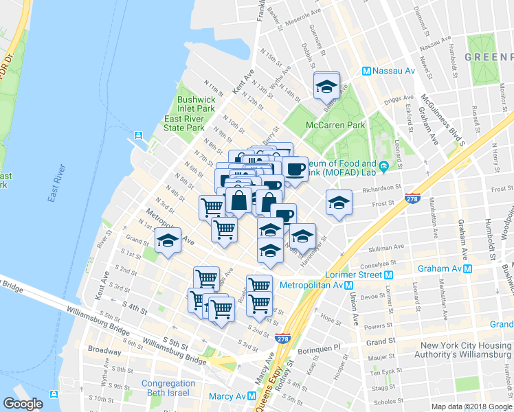 map of restaurants, bars, coffee shops, grocery stores, and more near 155 North 7th Street in Brooklyn