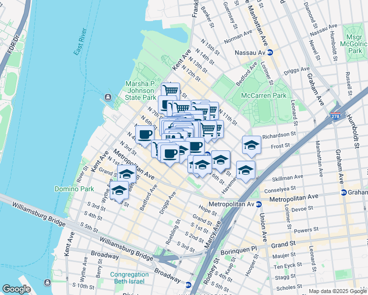 map of restaurants, bars, coffee shops, grocery stores, and more near 198 Bedford Avenue in Brooklyn