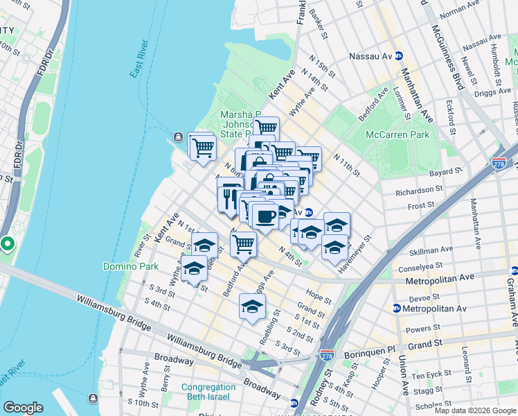 map of restaurants, bars, coffee shops, grocery stores, and more near 100 North 5th Street in Brooklyn