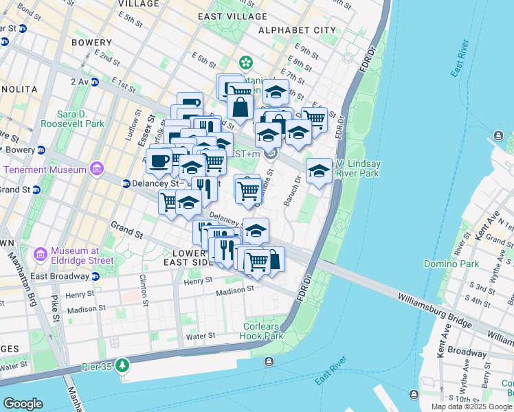 map of restaurants, bars, coffee shops, grocery stores, and more near 69 Columbia Street in New York