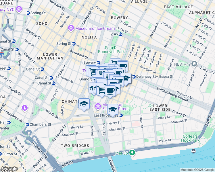 map of restaurants, bars, coffee shops, grocery stores, and more near 111 Eldridge Street in New York