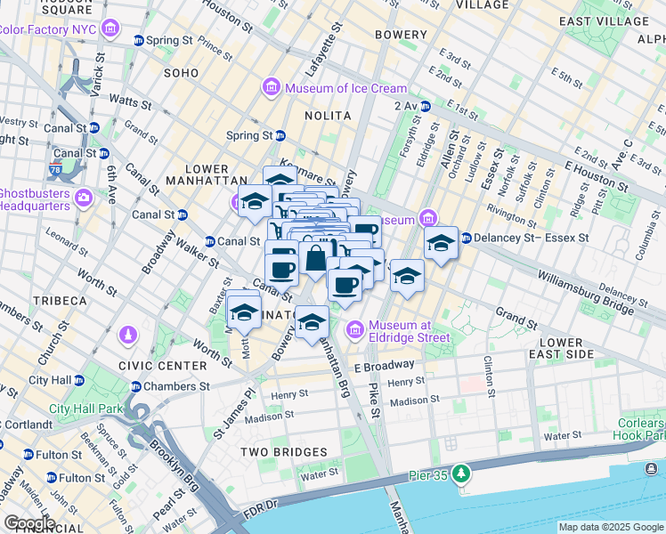 map of restaurants, bars, coffee shops, grocery stores, and more near 237 Grand Street in New York