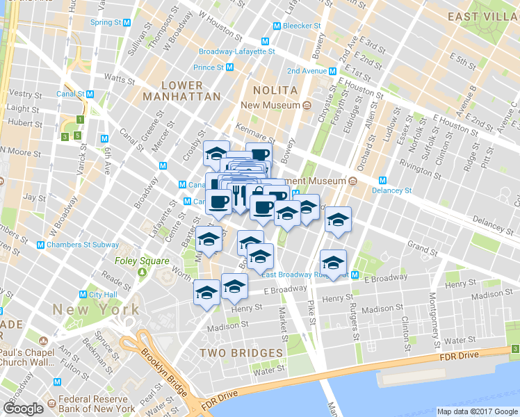 map of restaurants, bars, coffee shops, grocery stores, and more near in New York